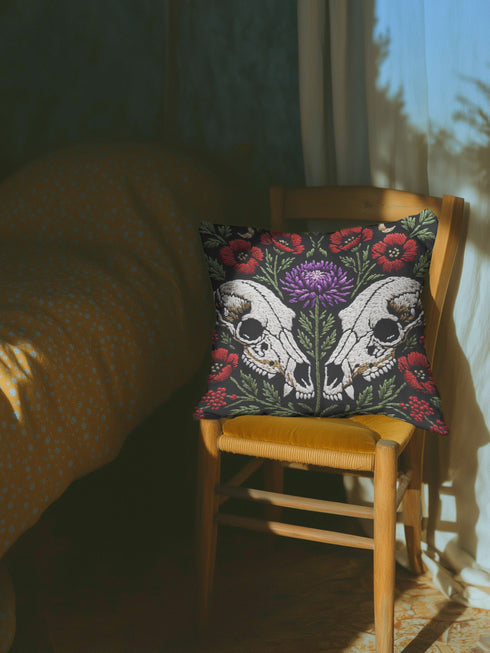Gothic Wolf Skull Floral Pillow Cover, Dark Academia Decor, Witchy Botanical Cushion Case