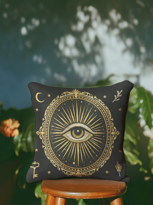 Grimoire and Goblet All-Seeing Eye pillow cover featuring a centralized mystic eye medallion. The design showcases an electric blue pupil with radiating gold and ochre light beams against a deep twilight purple background. The artwork uses a faux embroidery effect, creating a high-fidelity printed illusion of raised texture on smooth polyester linen-feel fabric. A protective evil eye symbol for Dark Academia, Whimsigoth, and celestial gothic home decor. Double-sided square cushion.