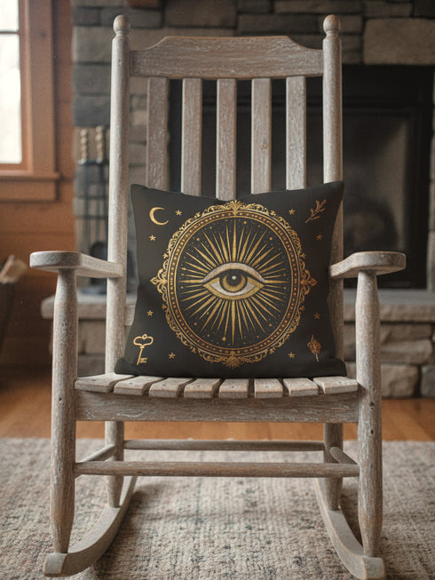 Grimoire and Goblet All-Seeing Eye pillow cover featuring a centralized mystic eye medallion. The design showcases an electric blue pupil with radiating gold and ochre light beams against a deep twilight purple background. The artwork uses a faux embroidery effect, creating a high-fidelity printed illusion of raised texture on smooth polyester linen-feel fabric. A protective evil eye symbol for Dark Academia, Whimsigoth, and celestial gothic home decor. Double-sided square cushion.