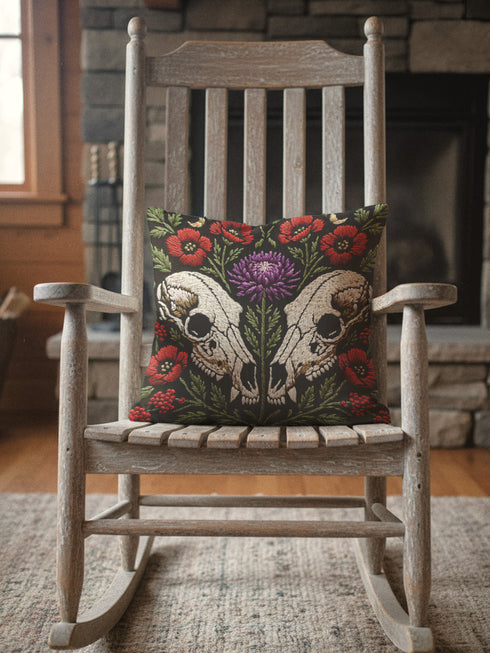 Gothic Wolf Skull Floral Pillow Cover, Dark Academia Decor, Witchy Botanical Cushion Case