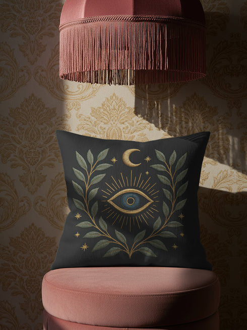 A luxury linen-feel dark gray pillow by Grimoire and Goblet, complete with insert. Features a central, embroidered-look All-Seeing Eye in blue and gold, surrounded by a radiant golden laurel wreath, crescent moon, and stars. Mystical gothic pillow with a seamless zipper.