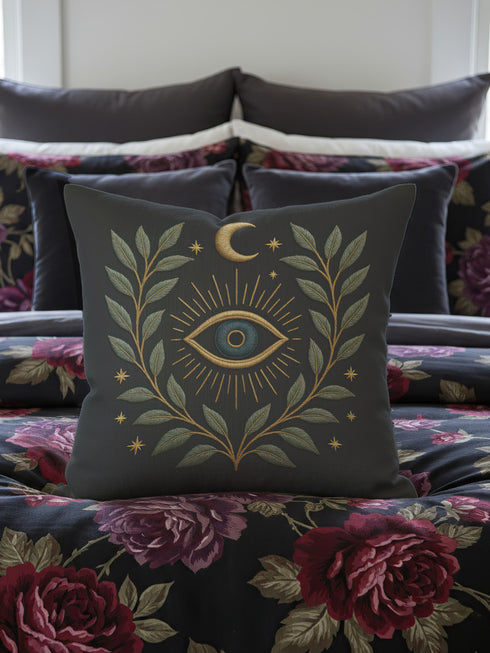 A luxury linen-feel dark gray pillow by Grimoire and Goblet, complete with insert. Features a central, embroidered-look All-Seeing Eye in blue and gold, surrounded by a radiant golden laurel wreath, crescent moon, and stars. Mystical gothic pillow with a seamless zipper.
