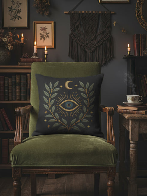 A luxury linen-feel dark gray pillow by Grimoire and Goblet, complete with insert. Features a central, embroidered-look All-Seeing Eye in blue and gold, surrounded by a radiant golden laurel wreath, crescent moon, and stars. Mystical gothic pillow with a seamless zipper.