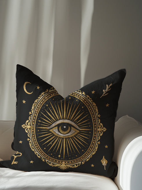 Grimoire and Goblet All-Seeing Eye pillow cover featuring a centralized mystic eye medallion. The design showcases an electric blue pupil with radiating gold and ochre light beams against a deep twilight purple background. The artwork uses a faux embroidery effect, creating a high-fidelity printed illusion of raised texture on smooth polyester linen-feel fabric. A protective evil eye symbol for Dark Academia, Whimsigoth, and celestial gothic home decor. Double-sided square cushion.