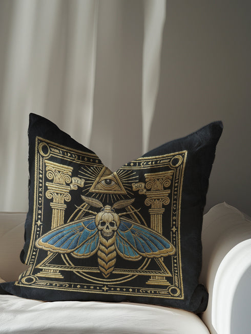 Grimoire & Goblet black pillow cover featuring a faux embroidery style printed design of a death’s-head moth with a skull motif, muted blue wings, antique gold linework, classical columns, geometric borders, small stars, and an all-seeing eye within a triangle. Square decorative pillowcase with double-sided print, hidden zipper, and linen-feel polyester finish for gothic, dark academia, and occult home decor.
