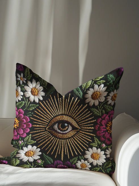 Grimoire and Goblet gothic pillow cover featuring a central evil eye surrounded by radiating gold sunburst rays, framed by white daisy flowers, magenta floral blooms, and green botanical foliage on a black background, designed with a highly detailed faux embroidery print that mimics stitched texture while remaining smooth, arranged in a symmetrical medallion composition, creating a dark academia and witchy botanical aesthetic decorative cushion cover