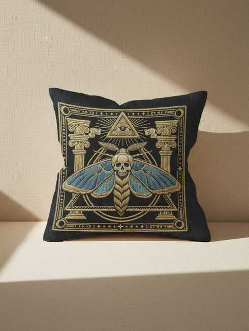 Grimoire & Goblet black pillow cover featuring a faux embroidery style printed design of a death’s-head moth with a skull motif, muted blue wings, antique gold linework, classical columns, geometric borders, small stars, and an all-seeing eye within a triangle. Square decorative pillowcase with double-sided print, hidden zipper, and linen-feel polyester finish for gothic, dark academia, and occult home decor.