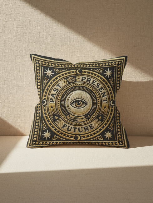 A square charcoal black pillow cover featuring a celestial All-Seeing Eye medallion in a dark academia style. The central 2D flat print mimics antique gold embroidery with a radial sunburst and the words Past, Present, and Future. Four crescent moons and eight-pointed stars accent the corners in a rust-ochre hue. The smooth polyester fabric has a concealed zipper and a seamless finish, showcasing the vintage trompe-l'œil tapestry design printed on both sides of the cushion cover.