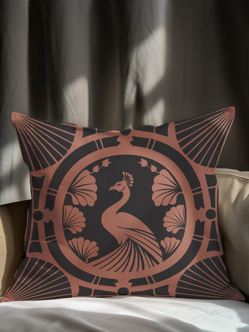 Square pillow cover featuring a stylized copper peacock design centered in a medallion, surrounded by Art Deco fan patterns and shell motifs on a dark forest green background.
