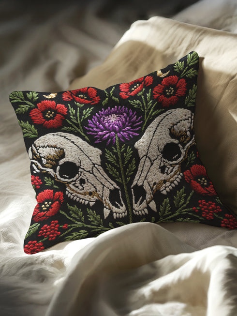 Gothic Wolf Skull Floral Pillow Cover, Dark Academia Decor, Witchy Botanical Cushion Case