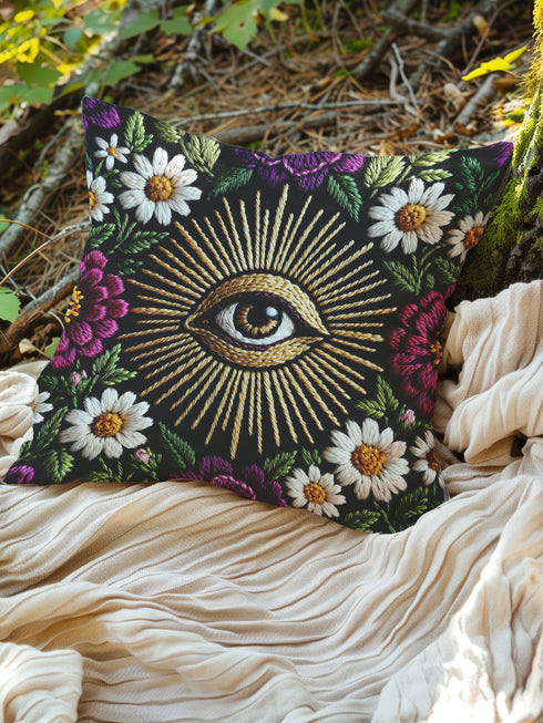 Grimoire and Goblet gothic pillow cover featuring a central evil eye surrounded by radiating gold sunburst rays, framed by white daisy flowers, magenta floral blooms, and green botanical foliage on a black background, designed with a highly detailed faux embroidery print that mimics stitched texture while remaining smooth, arranged in a symmetrical medallion composition, creating a dark academia and witchy botanical aesthetic decorative cushion cover