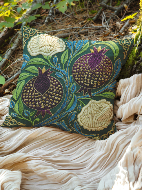 A Grimoire and Goblet decorative pillow cover featuring a Pomegranate and Flower design on a dark midnight teal background. The artwork uses a faux embroidery effect to create the illusion of raised gold and red threadwork on a smooth fabric. The pattern includes red pomegranates, cream carnations, and green leaves in a William Morris style botanical print. Fits Dark Academia, Whimsigoth, and Victorian Gothic decor. Double-sided print with hidden zipper. Cover only.