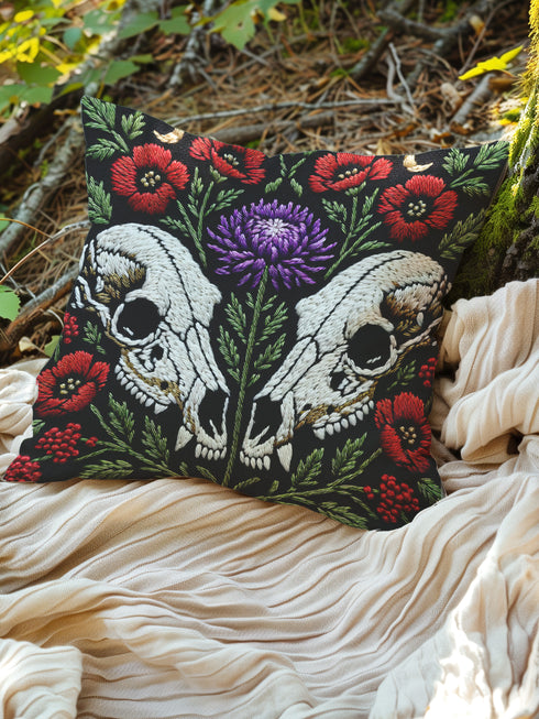Gothic Wolf Skull Floral Pillow Cover, Dark Academia Decor, Witchy Botanical Cushion Case