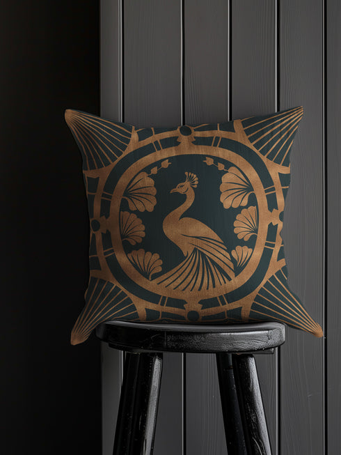 Art Deco Pillow Cover Peacock Gold Luxury Linen