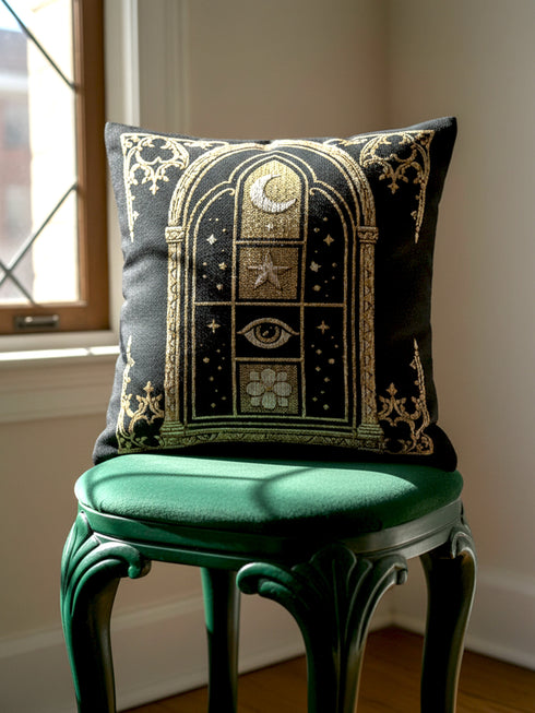 Woven jacquard throw pillow by Grimoire and Goblet featuring a gothic cathedral arch window design in black and gold. Central motifs include a waxing crescent moon, a five-pointed celestial star, a protective all-seeing eye, and a blooming botanical flower. Texture is raised tapestry weave, not printed. Perfect for dark academia, whimsigoth, and witchy home decor styles. Black background with beige and ochre accents. Square shape 17x18 inches.