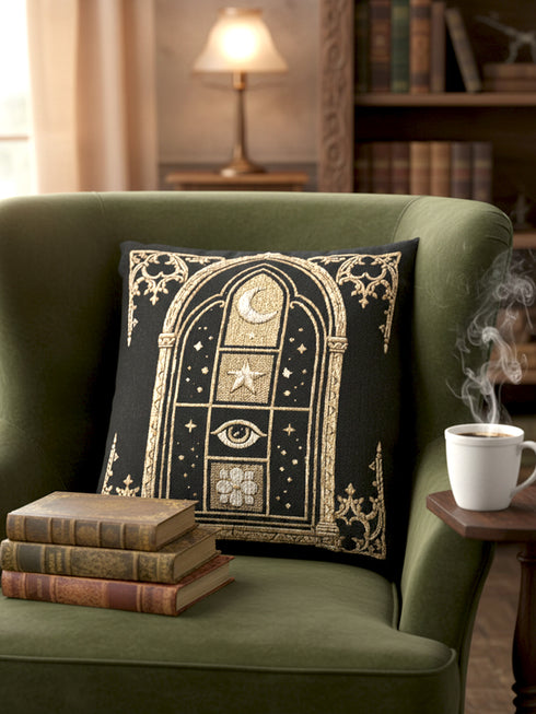 Woven jacquard throw pillow by Grimoire and Goblet featuring a gothic cathedral arch window design in black and gold. Central motifs include a waxing crescent moon, a five-pointed celestial star, a protective all-seeing eye, and a blooming botanical flower. Texture is raised tapestry weave, not printed. Perfect for dark academia, whimsigoth, and witchy home decor styles. Black background with beige and ochre accents. Square shape 17x18 inches.
