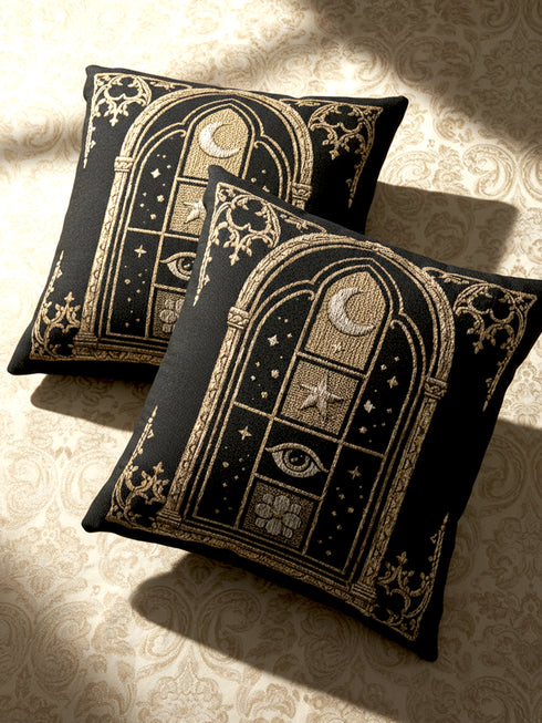 Woven jacquard throw pillow by Grimoire and Goblet featuring a gothic cathedral arch window design in black and gold. Central motifs include a waxing crescent moon, a five-pointed celestial star, a protective all-seeing eye, and a blooming botanical flower. Texture is raised tapestry weave, not printed. Perfect for dark academia, whimsigoth, and witchy home decor styles. Black background with beige and ochre accents. Square shape 17x18 inches.