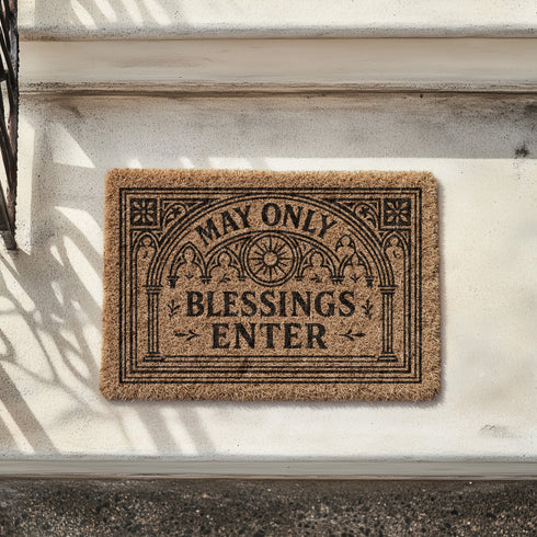 A rectangular natural brown coir doormat with a rugged texture and a durable black vinyl backing. The doormat features an intricate black design framed by a gothic arch with stylized quatrefoil details in the corners. Inside the arch, the words "MAY ONLY BLESSINGS ENTER" are printed in an elegant, bold serif font. A central sunburst medallion with radiating lines sits above the text, reinforcing the spiritual and protective theme of this gothic entryway welcome mat.