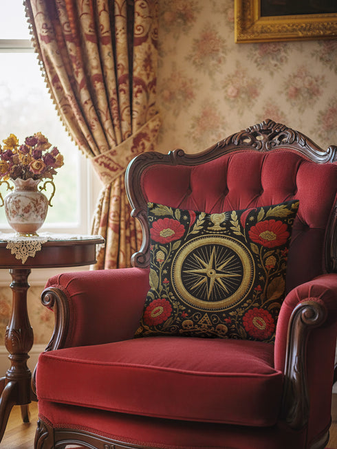 A square Grimoire and Goblet throw pillow cover featuring a high-contrast Dark Academia design. The background is deep black, highlighting a central gold compass rose medallion surrounded by a circular border. Flanking the compass are large crimson red poppy flowers with gold centers and intricate green and gold leafy foliage in a faux embroidery style. The bottom center features small gold skulls and crossbones with a triangle symbol. The texture is printed illusion of tapestry threadwork.