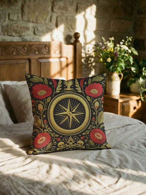 A square Grimoire and Goblet throw pillow cover featuring a high-contrast Dark Academia design. The background is deep black, highlighting a central gold compass rose medallion surrounded by a circular border. Flanking the compass are large crimson red poppy flowers with gold centers and intricate green and gold leafy foliage in a faux embroidery style. The bottom center features small gold skulls and crossbones with a triangle symbol. The texture is printed illusion of tapestry threadwork.