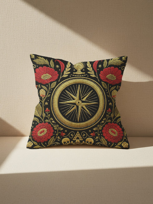 A square Grimoire and Goblet throw pillow cover featuring a high-contrast Dark Academia design. The background is deep black, highlighting a central gold compass rose medallion surrounded by a circular border. Flanking the compass are large crimson red poppy flowers with gold centers and intricate green and gold leafy foliage in a faux embroidery style. The bottom center features small gold skulls and crossbones with a triangle symbol. The texture is printed illusion of tapestry threadwork.