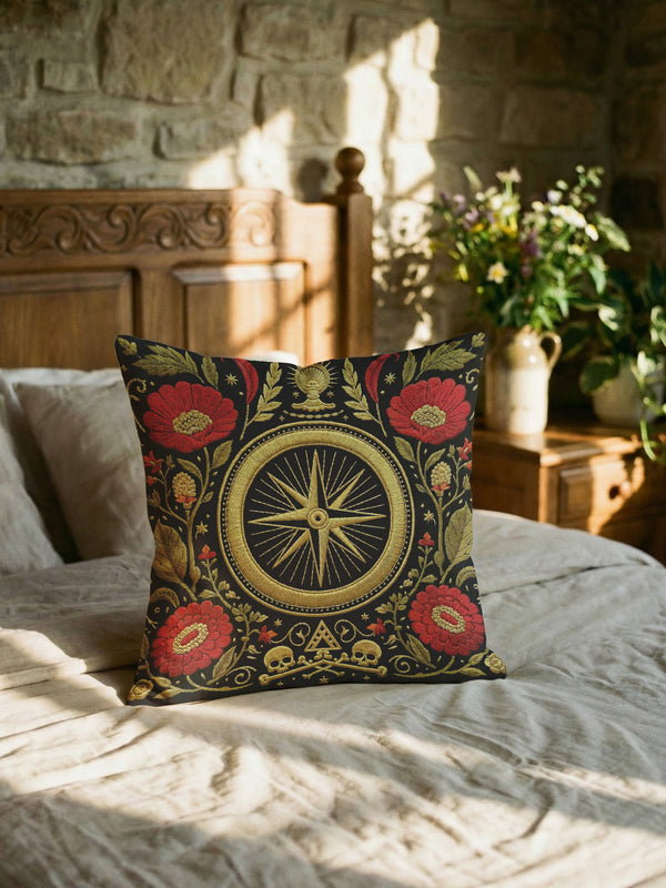 A square Grimoire and Goblet throw pillow cover featuring a high-contrast Dark Academia design. The background is deep black, highlighting a central gold compass rose medallion surrounded by a circular border. Flanking the compass are large crimson red poppy flowers with gold centers and intricate green and gold leafy foliage in a faux embroidery style. The bottom center features small gold skulls and crossbones with a triangle symbol. The texture is printed illusion of tapestry threadwork.