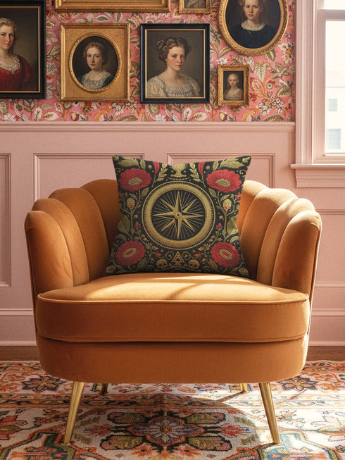 A square Grimoire and Goblet throw pillow cover featuring a high-contrast Dark Academia design. The background is deep black, highlighting a central gold compass rose medallion surrounded by a circular border. Flanking the compass are large crimson red poppy flowers with gold centers and intricate green and gold leafy foliage in a faux embroidery style. The bottom center features small gold skulls and crossbones with a triangle symbol. The texture is printed illusion of tapestry threadwork.