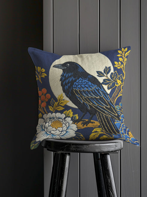 Gothic Raven Pillow Cover for Dark Academia Decor, Botanical Crow Bird Cushion Cover