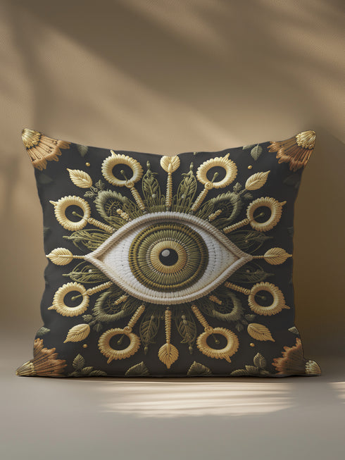 Square pillow cover featuring a central gold embroidered all-seeing eye design, surrounded by ornate botanical and sunflower-inspired motifs in gold, olive, and ochre on a black background. Made from premium linen-feel polyester, double-sided print, hidden zipper closure, available in 18x18 or 22x22 inch sizes, machine washable.