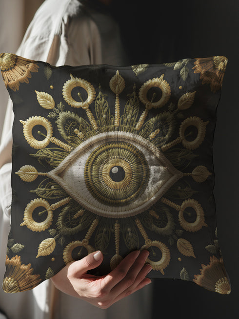 Square pillow cover featuring a central gold embroidered all-seeing eye design, surrounded by ornate botanical and sunflower-inspired motifs in gold, olive, and ochre on a black background. Made from premium linen-feel polyester, double-sided print, hidden zipper closure, available in 18x18 or 22x22 inch sizes, machine washable.