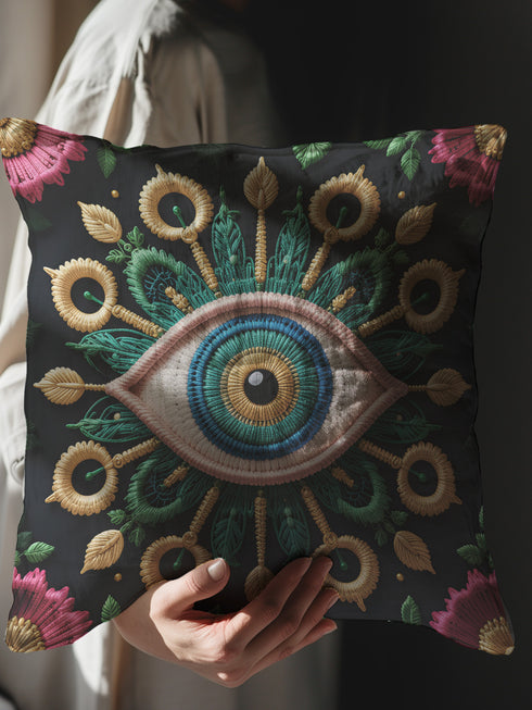 Square throw pillow cover featuring an intricate embroidered-style all-seeing eye motif at center, surrounded by ornate golden sunflowers, green foliage, and mystical botanical elements on a matte black background. Luxe linen-feel polyester fabric, hidden zipper, double-sided print, available in 18x18 or 22x22 inch sizes.