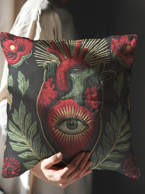 A black square pillowcase cover featuring a central anatomical heart in crimson red. Inside the heart is a large, detailed green eye surrounded by a golden sunburst. The heart is framed by lush green leaves and deep red poppy flowers. This trompe-l'œil print by Grimoire and Goblet creates a realistic embroidered illusion. Perfect for gothic or dark academia styling, the design combines medical illustration with mystical symbolism.