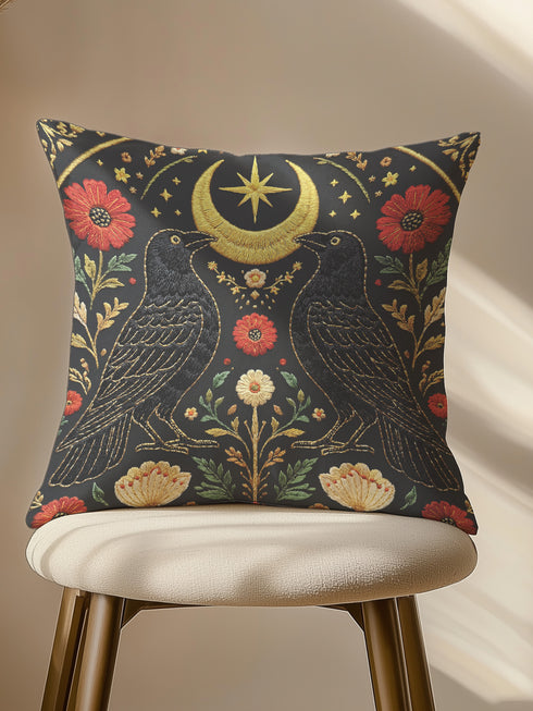 A square decorative pillow cover by Grimoire and Goblet featuring a symmetrical Dark Academia design on a charcoal background. Two black crows face each other beneath a gold crescent moon and eight-pointed star. The birds are flanked by rust-red and cream botanical flowers with sage green leaves. The artwork mimics the look of textured embroidery but is a smooth 2D print. The design is mirrored on both sides. Perfect for gothic decor.