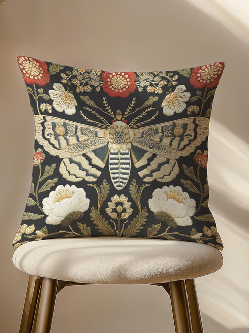 A square decorative throw pillow cover with a dark charcoal background, creating a moody and gothic aesthetic. The design features a large, centrally-placed moth with intricate beige, cream, and blue-grey wings, printed with a high-quality faux embroidered look. Symmetrical botanical elements, including red poppies, white flowers, and green foliage, surround the moth in a style reminiscent of Victorian entomology art.
