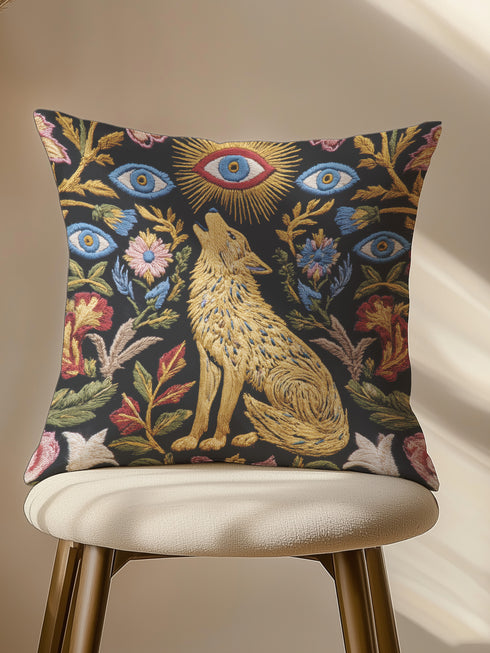 A square decorative throw pillow case with a dark charcoal background and a detailed, faux embroidery design. In the center, a golden-yellow howling wolf sits among colorful botanical flowers and leaves. Above the wolf is a celestial sunburst with a single protective evil eye. The central design is framed by more floral elements and six additional blue evil eye motifs, creating a symmetrical, mystical pattern. This gothic, witchy cushion cover has a distinct dark academia and bohemian aesthetic.