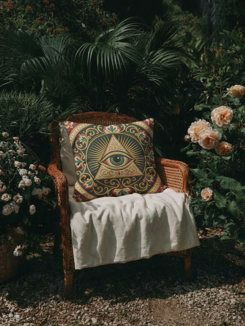 A square decorative pillowcase cover featuring a centralized, intricate medallion design printed on smooth, linen-like fabric. The prominent focal point is a large Eye of Providence, depicting a single eye inside a cream-colored triangle, backed by a golden radial sunburst. The design is framed by elaborate, Art Nouveau-style swirling floral filigree and vine motifs in shades of gold, deep red, and cream, all set against a rich, dark teal green background.