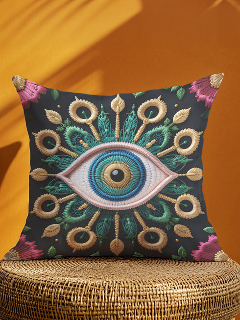 Square throw pillow cover featuring an intricate embroidered-style all-seeing eye motif at center, surrounded by ornate golden sunflowers, green foliage, and mystical botanical elements on a matte black background. Luxe linen-feel polyester fabric, hidden zipper, double-sided print, available in 18x18 or 22x22 inch sizes.