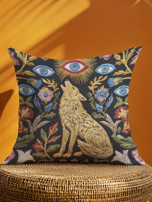 A square decorative throw pillow case with a dark charcoal background and a detailed, faux embroidery design. In the center, a golden-yellow howling wolf sits among colorful botanical flowers and leaves. Above the wolf is a celestial sunburst with a single protective evil eye. The central design is framed by more floral elements and six additional blue evil eye motifs, creating a symmetrical, mystical pattern. This gothic, witchy cushion cover has a distinct dark academia and bohemian aesthetic.