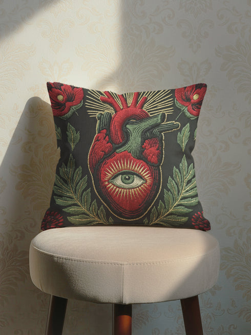 A black square pillowcase cover featuring a central anatomical heart in crimson red. Inside the heart is a large, detailed green eye surrounded by a golden sunburst. The heart is framed by lush green leaves and deep red poppy flowers. This trompe-l'œil print by Grimoire and Goblet creates a realistic embroidered illusion. Perfect for gothic or dark academia styling, the design combines medical illustration with mystical symbolism.