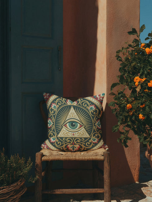 A square decorative pillowcase cover featuring a centralized, intricate medallion design printed on smooth, linen-like fabric. The prominent focal point is a large Eye of Providence, depicting a single eye inside a cream-colored triangle, backed by a golden radial sunburst. The design is framed by elaborate, Art Nouveau-style swirling floral filigree and vine motifs in shades of gold, deep red, and cream, all set against a rich, dark teal green background.