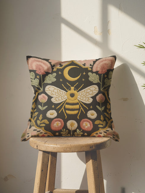 A square black pillow cover made from a pre-shrunk polyester fabric with a soft, linen-like texture. The double-sided, high-fidelity print features a large, central bee with intricate gold and white faux-embroidery on its wings and striped body. Directly above the bee is a golden crescent moon with small stars. The central design is framed by a symmetrical border of botanical elements, including pink thistle-like flowers, white and red daisies, and green leaves.