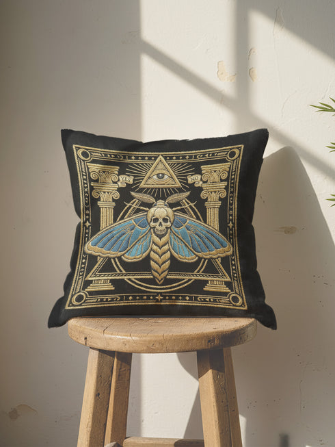 Grimoire & Goblet black pillow cover featuring a faux embroidery style printed design of a death’s-head moth with a skull motif, muted blue wings, antique gold linework, classical columns, geometric borders, small stars, and an all-seeing eye within a triangle. Square decorative pillowcase with double-sided print, hidden zipper, and linen-feel polyester finish for gothic, dark academia, and occult home decor.
