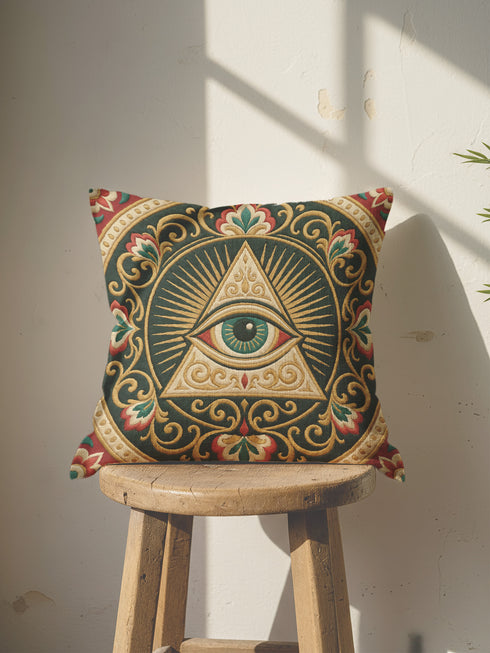 A square decorative pillowcase cover featuring a centralized, intricate medallion design printed on smooth, linen-like fabric. The prominent focal point is a large Eye of Providence, depicting a single eye inside a cream-colored triangle, backed by a golden radial sunburst. The design is framed by elaborate, Art Nouveau-style swirling floral filigree and vine motifs in shades of gold, deep red, and cream, all set against a rich, dark teal green background.