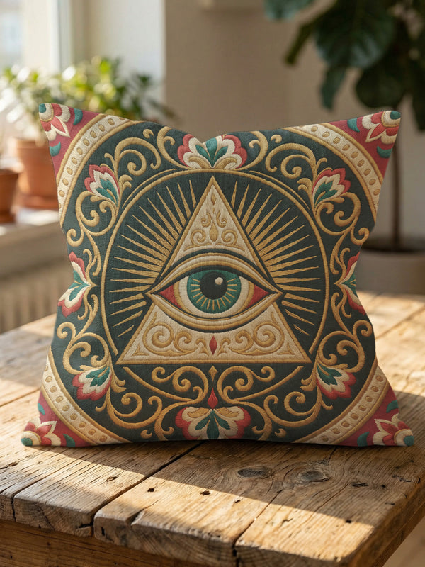 A square decorative pillowcase cover featuring a centralized, intricate medallion design printed on smooth, linen-like fabric. The prominent focal point is a large Eye of Providence, depicting a single eye inside a cream-colored triangle, backed by a golden radial sunburst. The design is framed by elaborate, Art Nouveau-style swirling floral filigree and vine motifs in shades of gold, deep red, and cream, all set against a rich, dark teal green background.