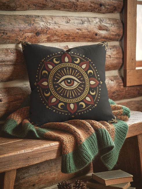 Grimoire and Goblet Cosmic Eye throw pillow cover featuring a high-fidelity print of a mystical all-seeing eye. The central eye is electric blue with radiating ethereal light beams and white stars against a deep twilight purple background. The design mimics the visual texture of intricate embroidery but has a smooth, soft finish. Double-sided celestial pattern on premium polyester fabric with a hidden zipper. A luxury decorative cushion for Dark Academia, Whimsigoth, and Gothic decor.