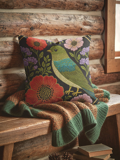 Square decorative pillow cover with a near-black ground and a richly colored Art Nouveau botanical design rendered in a faux embroidery style. At the center perches a songbird with an olive and chartreuse body, a teal wing patch, and golden-yellow beak and feet. Around it bloom large red-orange poppies with golden centers, clusters of lilac and lavender flowers, and pale pink daisy-like blossoms among green leaves. The printed satin-stitch detailing mimics dense hand embroidery across the cover.