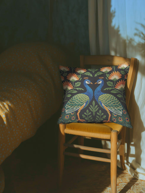 Close up of Grimoire and Goblet peacock pillow cover featuring a high-fidelity faux embroidery print. The design showcases two symmetrical peacocks in midnight charcoal and antique gold, facing each other in a medallion layout surrounded by rust and cream floral vines. The image details the printed illusion of hand-stitched tapestry texture on smooth, soft polyester fabric. Ideal for Dark Academia, Whimsigoth, and Art Nouveau vintage home decor styles. Double-sided print with hidden zipper.