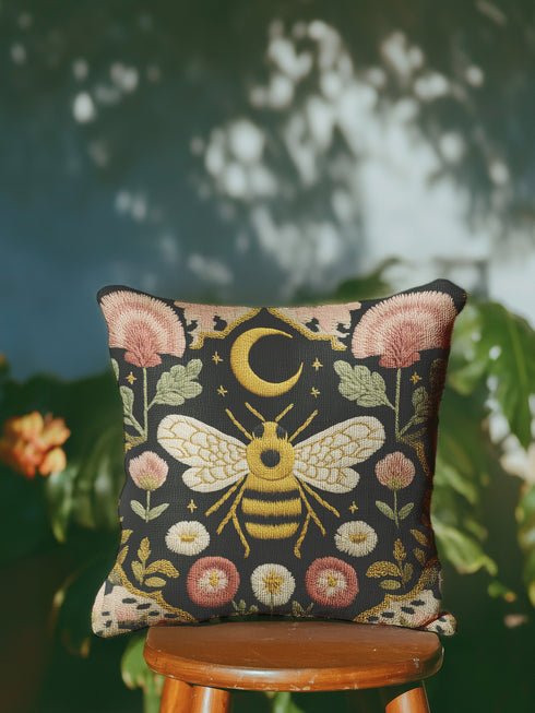 A square black pillow cover made from a pre-shrunk polyester fabric with a soft, linen-like texture. The double-sided, high-fidelity print features a large, central bee with intricate gold and white faux-embroidery on its wings and striped body. Directly above the bee is a golden crescent moon with small stars. The central design is framed by a symmetrical border of botanical elements, including pink thistle-like flowers, white and red daisies, and green leaves.