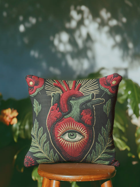 A black square pillowcase cover featuring a central anatomical heart in crimson red. Inside the heart is a large, detailed green eye surrounded by a golden sunburst. The heart is framed by lush green leaves and deep red poppy flowers. This trompe-l'œil print by Grimoire and Goblet creates a realistic embroidered illusion. Perfect for gothic or dark academia styling, the design combines medical illustration with mystical symbolism.