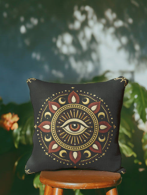 Grimoire and Goblet Cosmic Eye throw pillow cover featuring a high-fidelity print of a mystical all-seeing eye. The central eye is electric blue with radiating ethereal light beams and white stars against a deep twilight purple background. The design mimics the visual texture of intricate embroidery but has a smooth, soft finish. Double-sided celestial pattern on premium polyester fabric with a hidden zipper. A luxury decorative cushion for Dark Academia, Whimsigoth, and Gothic decor.